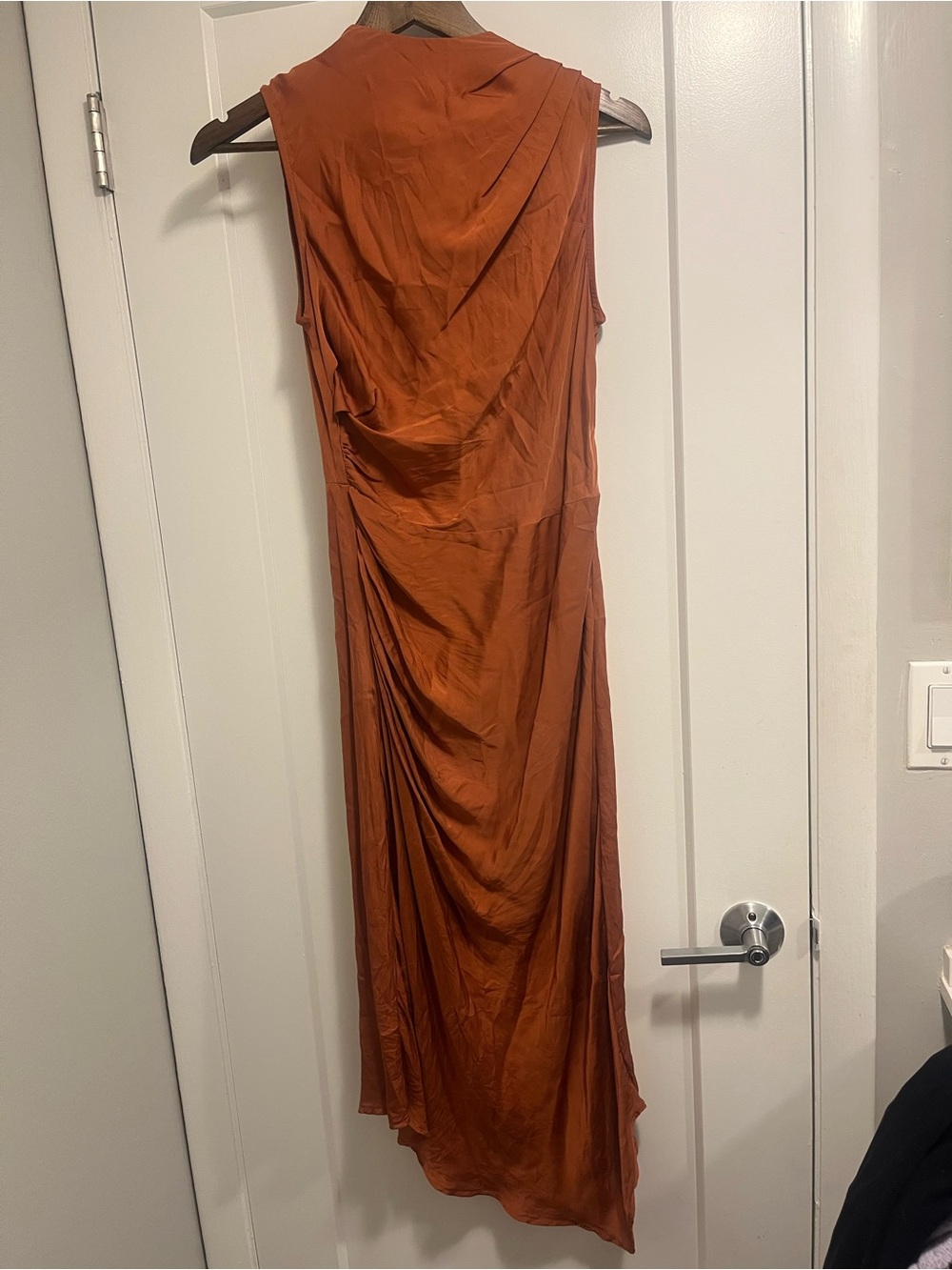 Satin Draped Asymmetrical Midi Dress - Rust - Picture 3 of 4